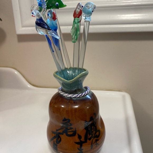 6 Assorted Set Hand Blown Glass Swizzle Sticks for Cocktails - Picture 2 of 7